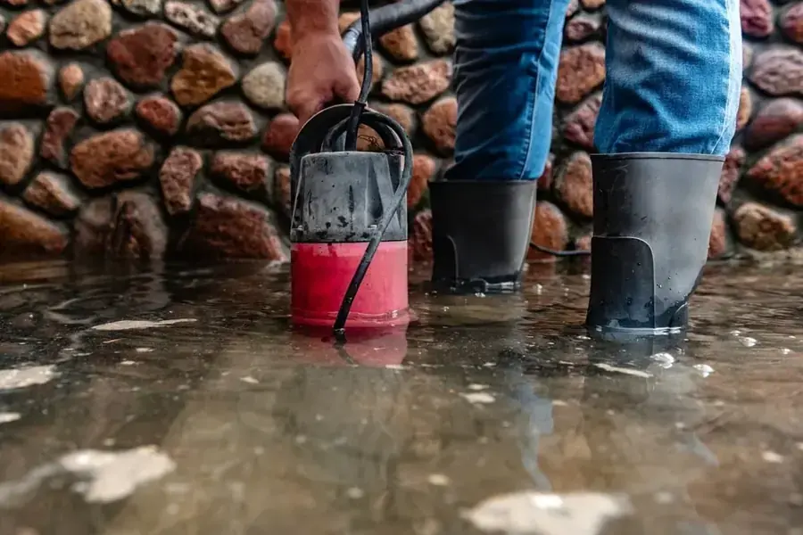 Technician wet-vacuuming a flooded fieldstone basement in Natick