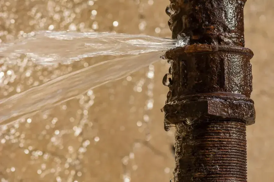 Water spraying from a burst supply pipe in a Natick home