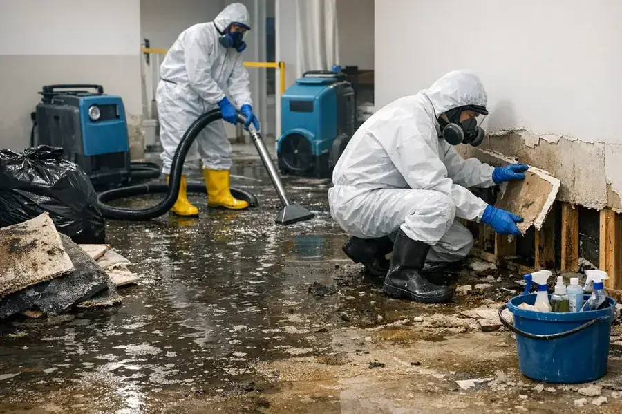 Technicians in protective gear cleaning a sewage backup in Natick
